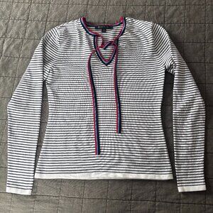Brooks Brothers 100% cotton striped tie neck sweater women's size XS black/white